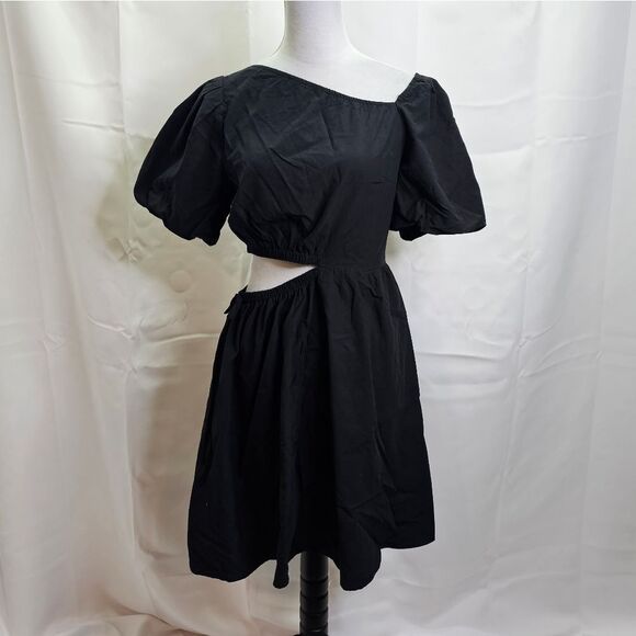 Kirundo Black Puff Sleeve Cut Out Asymmetrical Mini Dress Size Medium - Picture 1 of 14